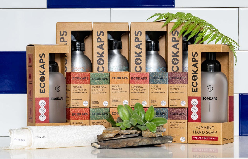 ECOKAPS, change is easy, dissolvable cleaning and hand soap products, tablets, glass, aluminium, New Zealand